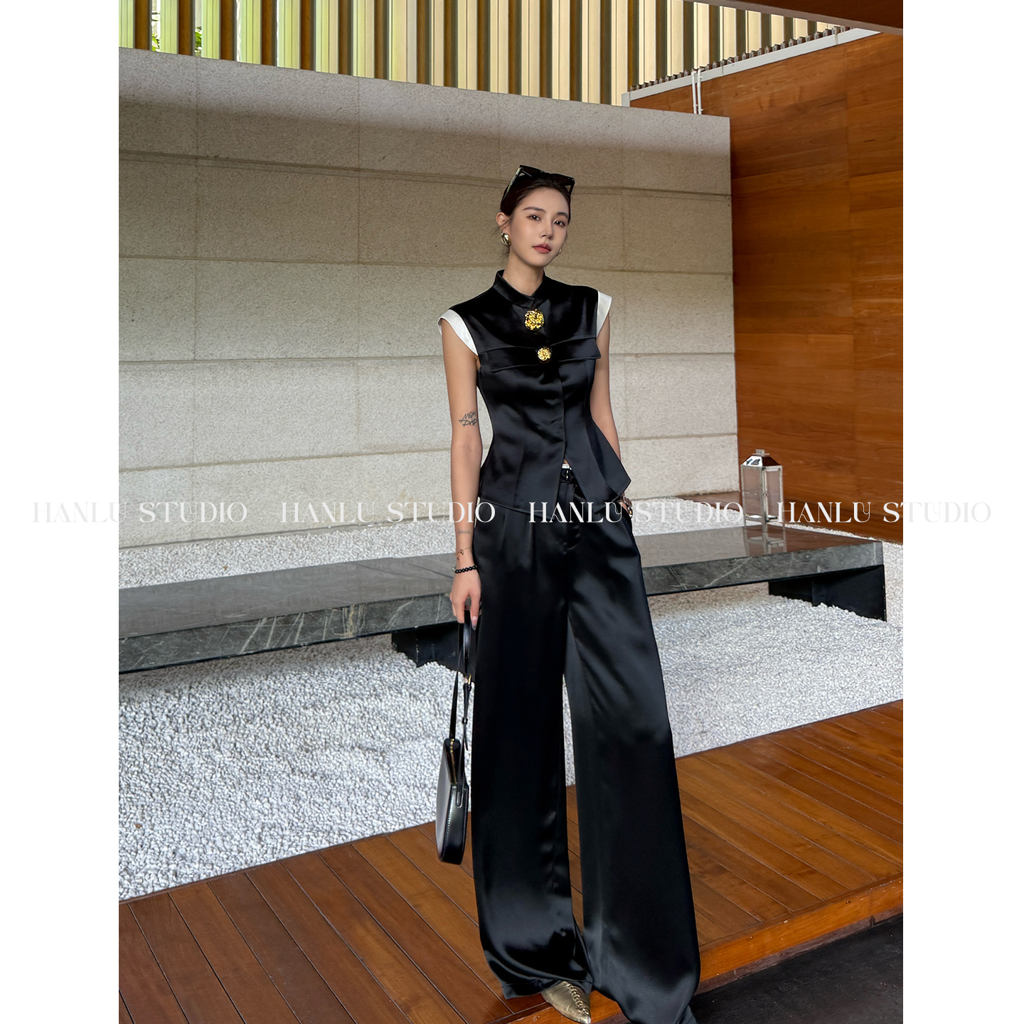 HanLustudio薄款时尚高腰透气宽松夏季黑色醋酸直筒裤