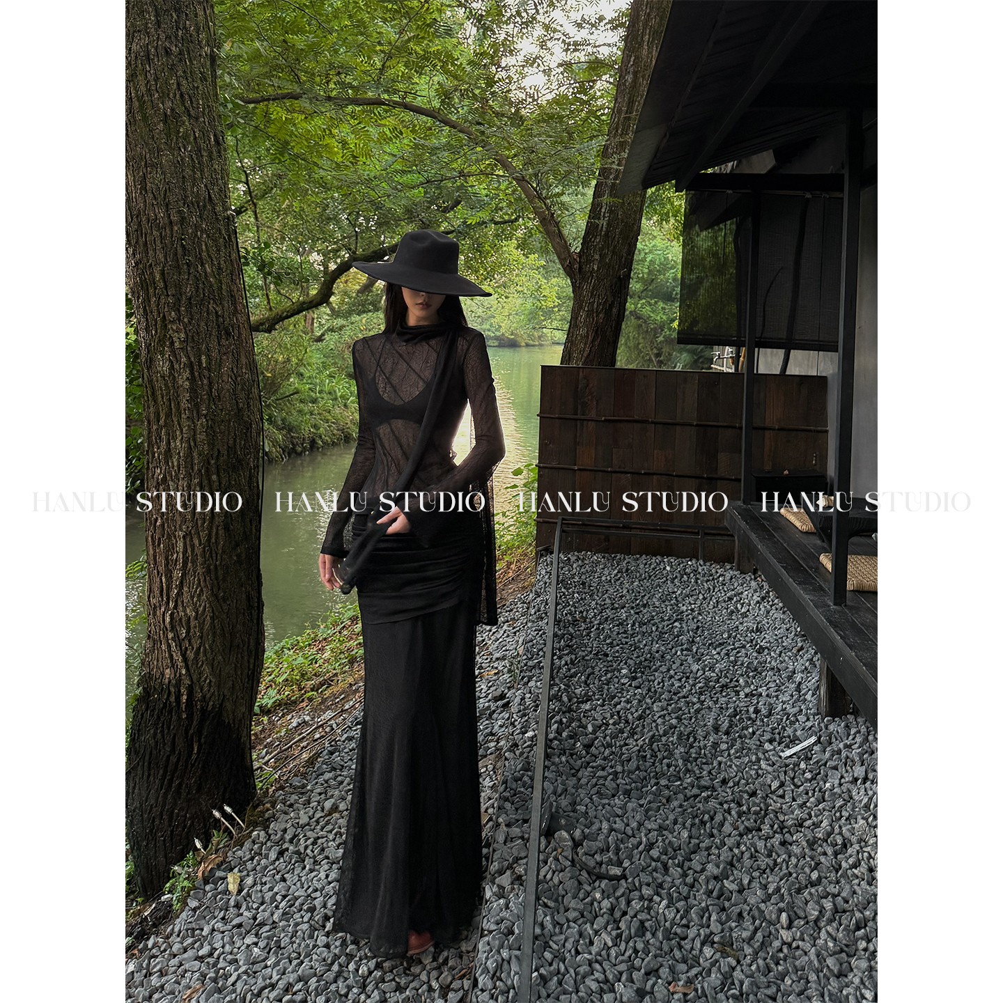 HanLu studio小众设计师品牌双层褶皱弹力高腰蕾丝半身裙