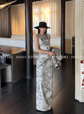 HanLu studio品牌线·原创高ji清冷灰色亚麻肌理高腰直筒半身长裙