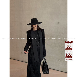 HanLu 外套 studio小众设计高级定制暗纹提花优雅精裁黑色飘带长袖