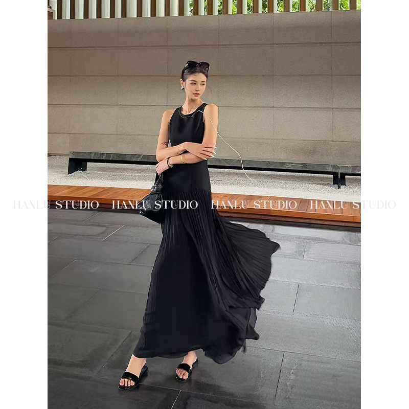 HanLu studio小众极简静奢风醋酸拼接优雅大气黑色连衣裙