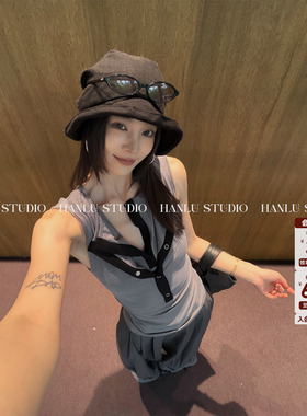 HANLU STUDIO品牌假两件背心百搭时髦极简天丝亚麻灰色无袖上衣