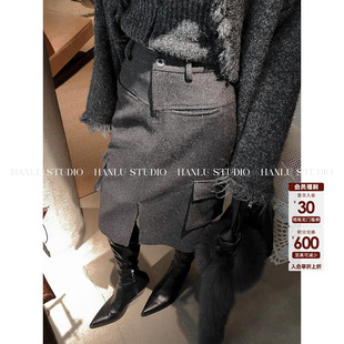HANLU 半身裙五分裙灰 STUDIO品牌原创立裁设计时髦精直筒羊毛工装