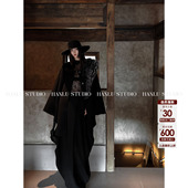 HANLU STUDIO暗黑先锋100绵羊毛圆领茧型蝙蝠袖 双面呢斗篷大衣黑