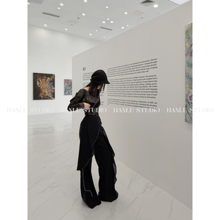 HANLU 黑 STUDIO品牌小众原创拱针明线不规则腰封莱赛尔棉亚麻长裤