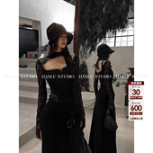 HANLU STUDIO暗黑先锋U领不规则绑带拼接镂空蕾丝羊毛天丝上衣