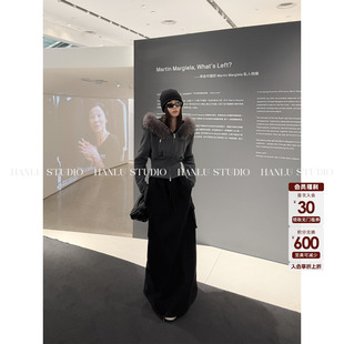 HANLU STUDIO原创大连帽貉子毛领拉链门襟加绒内胆炭灰色收腰外套