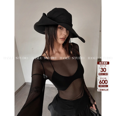 HANLU STUDIO品牌ss26透视打底暗黑圆领收腰长袖氛围感柔纱上衣
