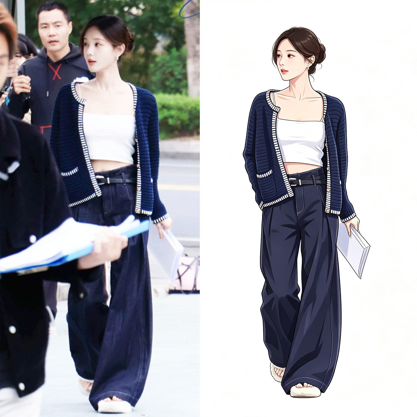 李一桐同款小香风藏青针织开衫