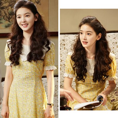 2026冬去春来章若楠庄庄同款黄色碎花裙女蕾丝花边领小清新收腰连