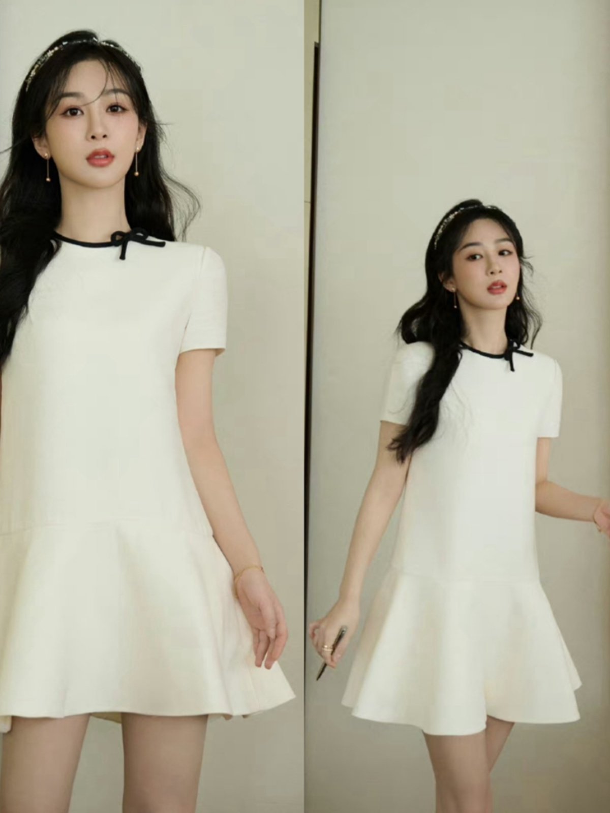 2024要久久爱杨紫黄瀛子同款白色小个子甜美短袖连衣裙设计蝴蝶结