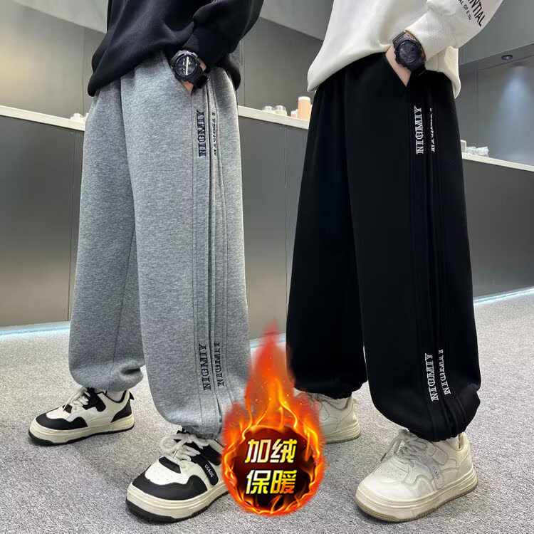 男童加绒运动裤子冬装新款2025秋冬款一体绒中大儿童冬季休闲卫裤