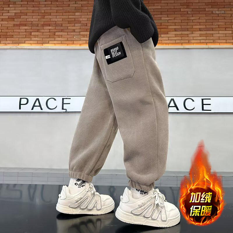 男童冬季一体加绒裤子2026新款中大儿童秋冬款男孩灯芯绒运动卫裤