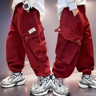 儿童工装裤春秋2026洋气红色宽松裤子男孩中大童春季休闲束脚长裤