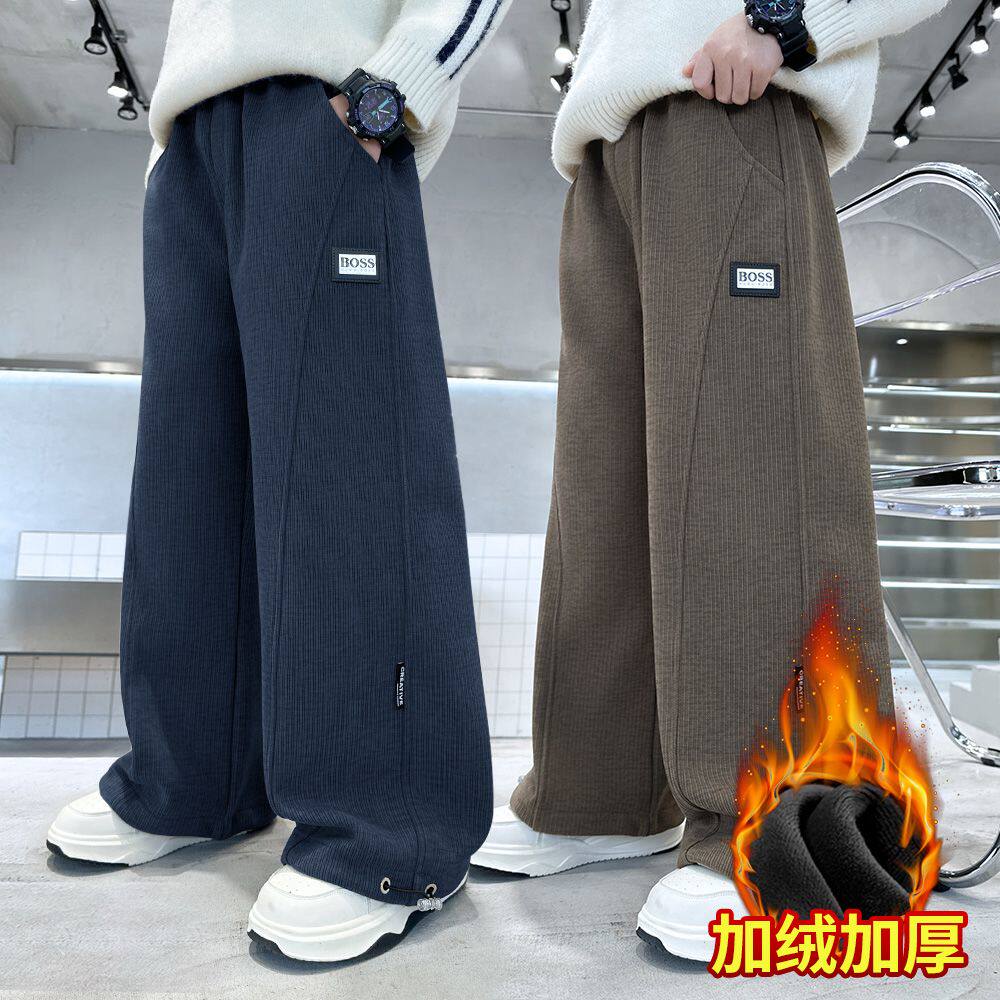 男童一体加绒冬装裤子2025新款大儿童秋冬运动裤男孩直筒休闲裤潮