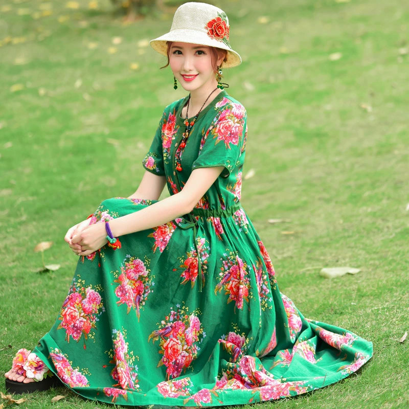 Mùa hè năm 2021 phong cách dân tộc mới của phụ nữ kích thước lớn retro in vải lanh cotton ngắn tay váy dài thướt tha - Váy dài