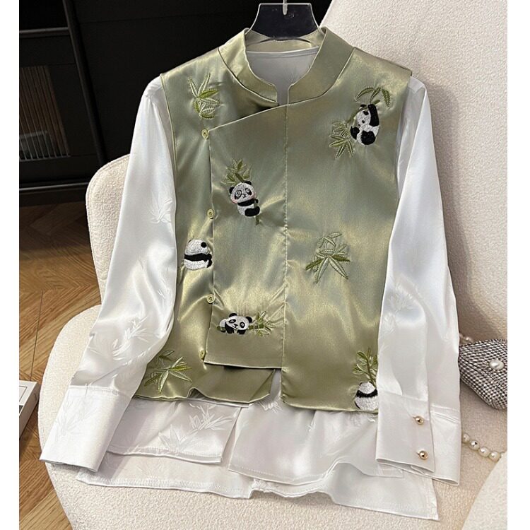 CHINESE STYLE WOMENS WEAR CRUISE 2024 NEW NEW CHINESE RETRO SATIN EMBROIDERY TANG COSTUME VEST SHIRT DUO SET