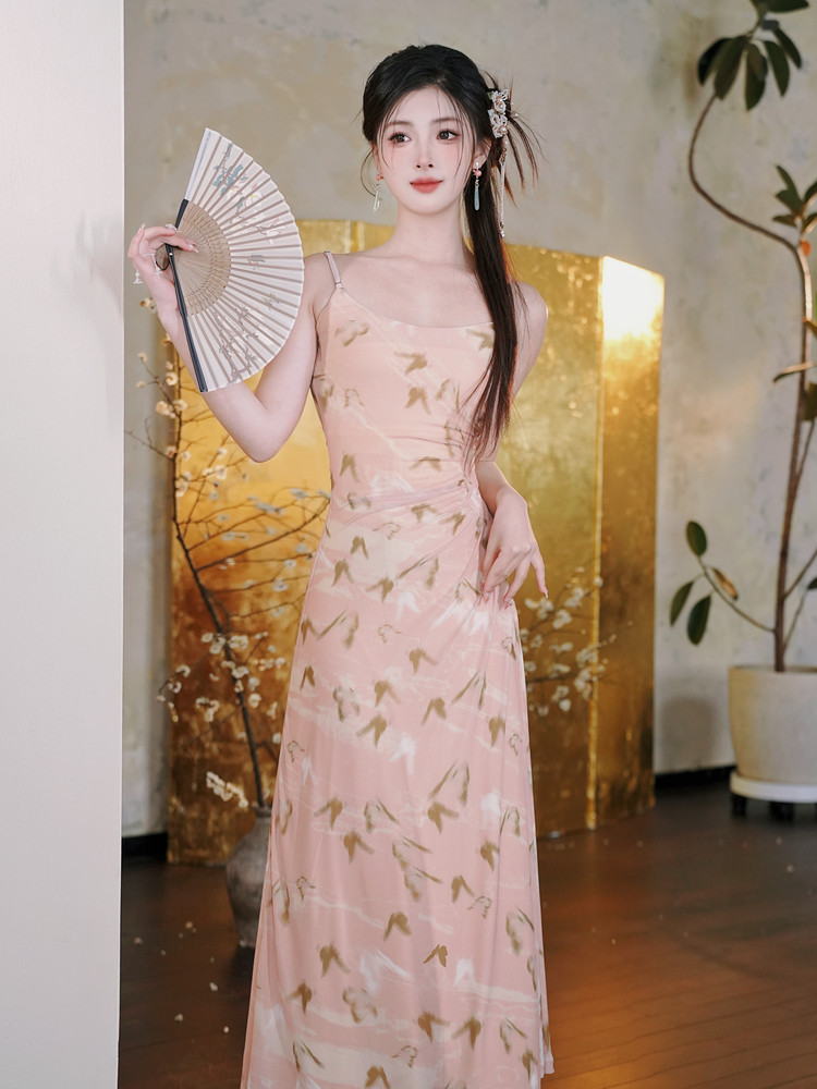 원래 디자인 틈새 새로운 중국 스타일 복고풍 인쇄 메쉬 드레스 + 쉬폰 태양 보호 카디건 정장