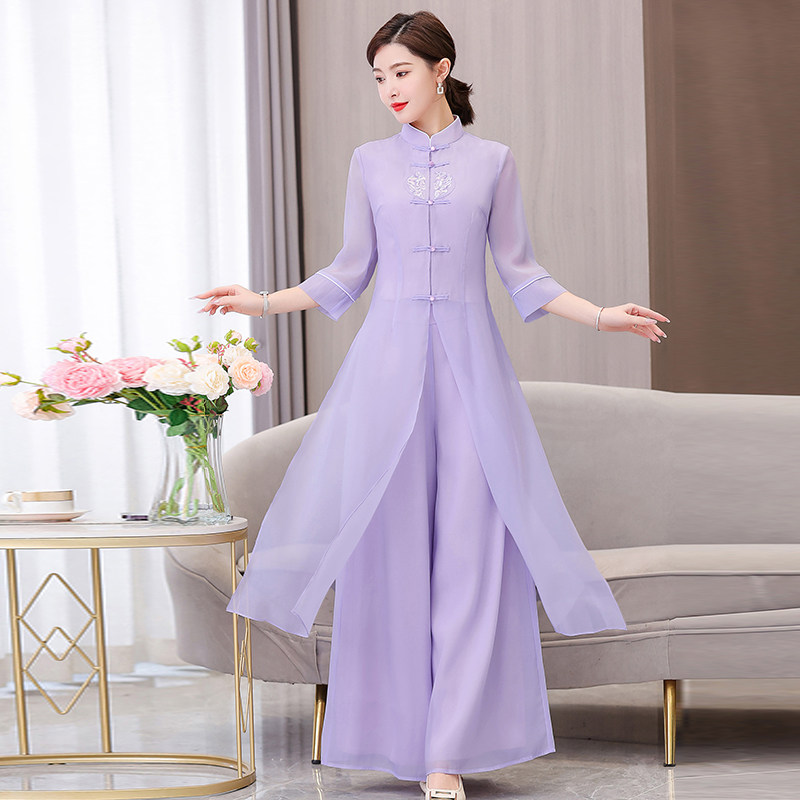 新中式改良旗袍2023新款复古盘扣连衣裙长裤禅服唐装汉服茶服套装