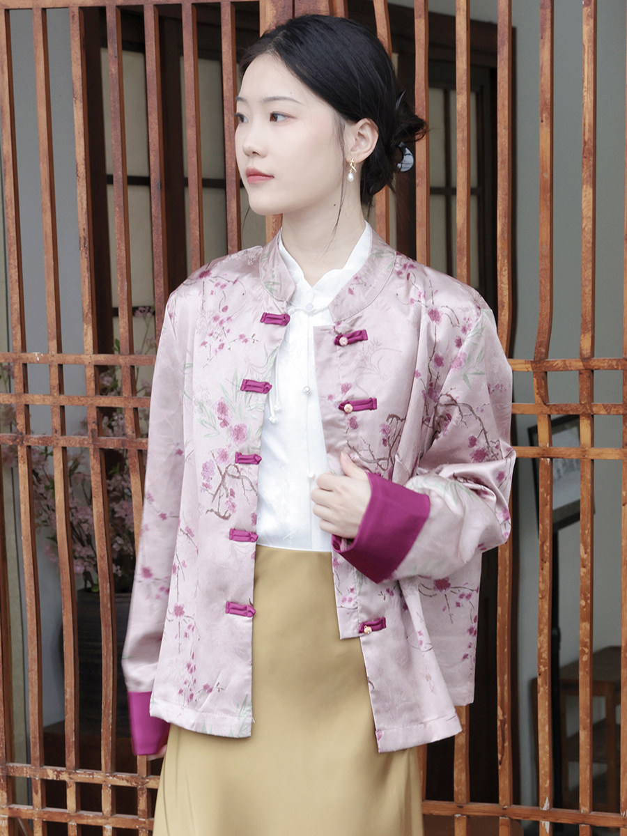 NEW CHINESE STYLE IMPROVED TANG COSTUME JACKET WOMENS SPRING AND AUTUMN NATIONAL STYLE RETRO SATIN JACQUARD STAND COLLAR PRINTED TEA DRESS TOP WOMEN