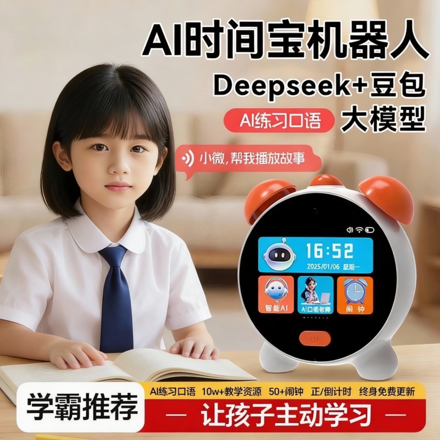 2026新款AI时间宝早教机学习机器人智能闹钟儿童学生自律起床神器