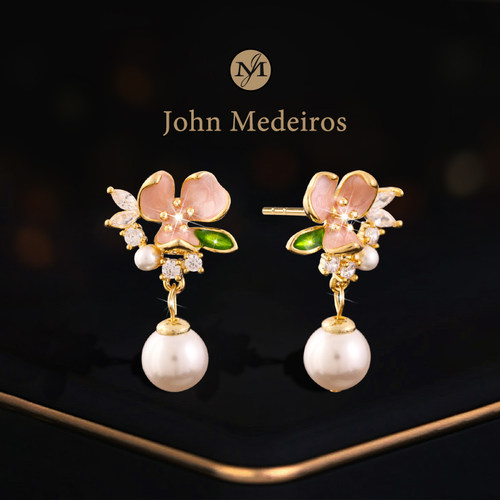 意大利john medeiros珐琅樱花珍珠耳钉高级感轻奢女独特领针耳环