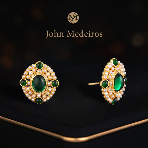 意大利john medeiros小米珠椭圆绿宝石耳钉高级感轻奢女领针耳环