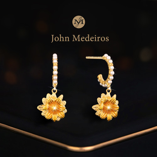 意大利john medeiros立体向日葵珍珠耳钉高级感轻奢女款领针耳环