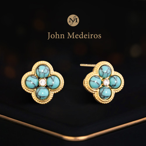 意大利john medeiro四叶草蓝松石耳钉高级感轻奢女款独特领针耳环