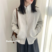 韩版 百搭软糯双拉链毛衣外套 新款 宽松高领拉链针织开衫 女2025冬季