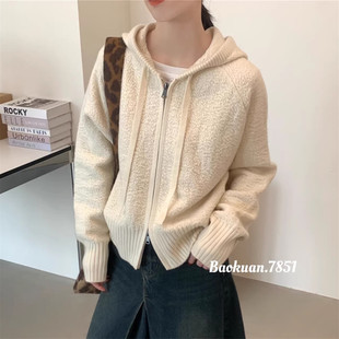 韩式休闲风连帽拉链针织开衫女2026冬季新款宽松百搭显瘦毛衣外套
