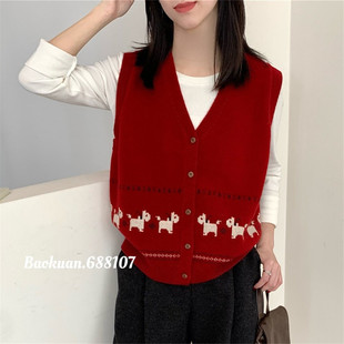 红色V领小狗提花针织马甲开衫背心女 2026春季新款保暖毛衣坎肩潮