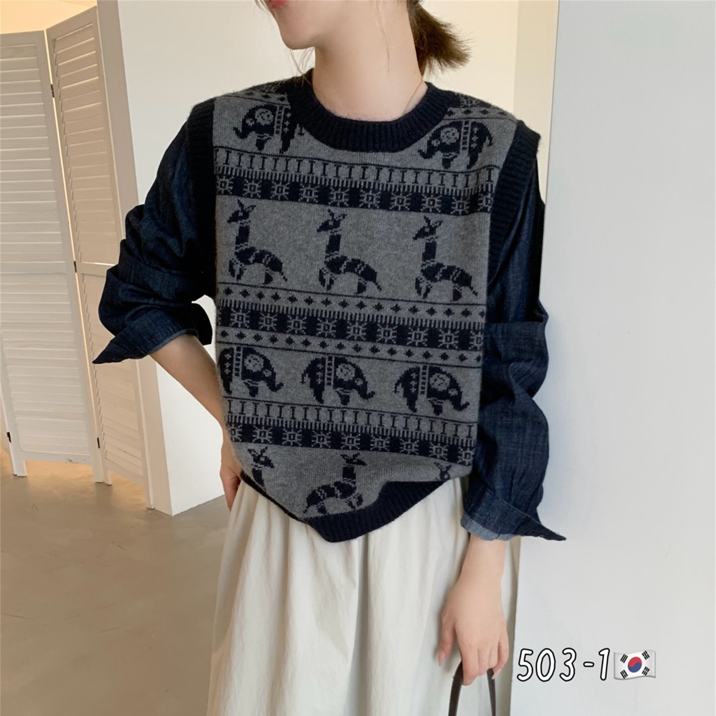 韩版卡通提花假两件针织衫女上衣