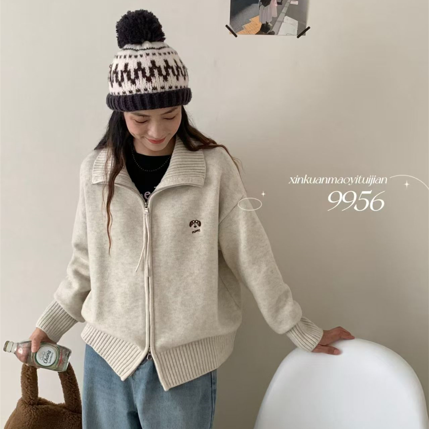 韩版双拉链针织开衫女软糯毛衣潮