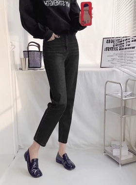 型很棒自留WM尾货弹力大高腰女牛仔长裤黑灰色老爹裤烟管裤加大码