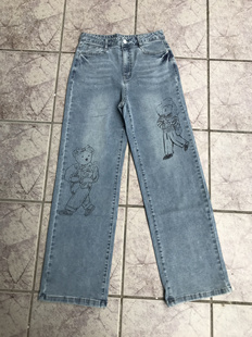 学院风 熊图案直筒拖地裤 尾货原品25春秋无标弹力高腰 女牛仔长裤