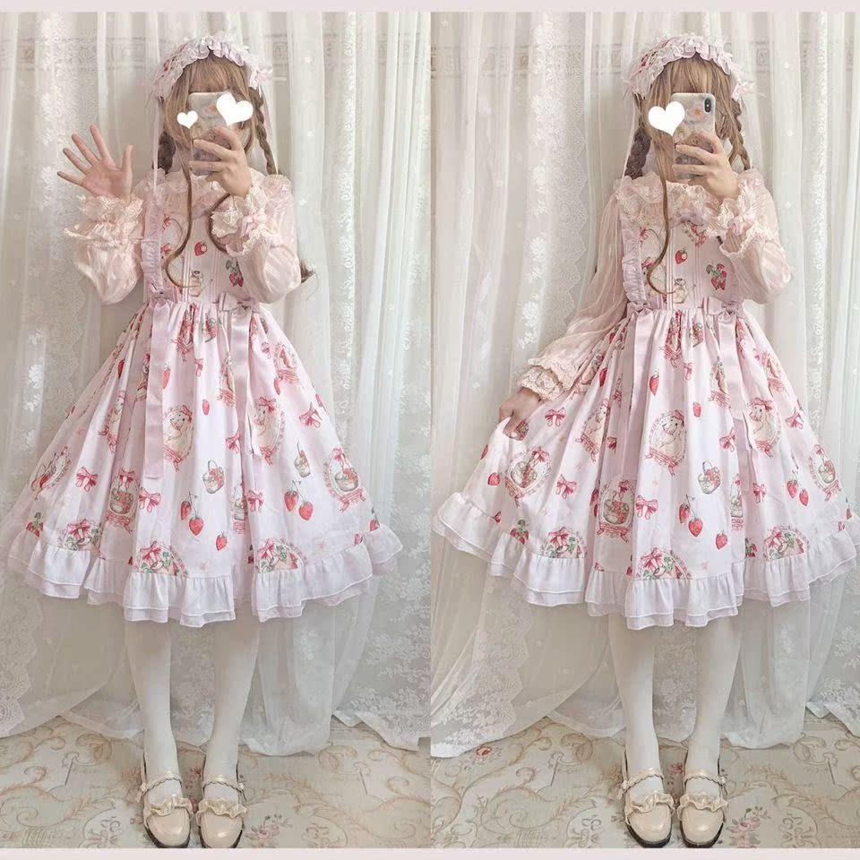 原创设计正版洛丽塔lolita 草莓兔jsk甜美可爱日常洋装吊带连衣裙