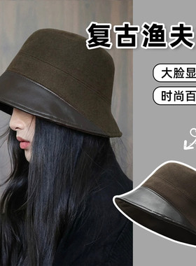 老钱复古咖色渔夫帽秋冬季帽子女款文艺百搭高级感显脸小遮脸盆帽