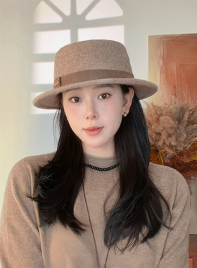 秋冬季复古英伦礼帽子女拍照显脸小气质优雅百搭平顶帽毛呢名媛风