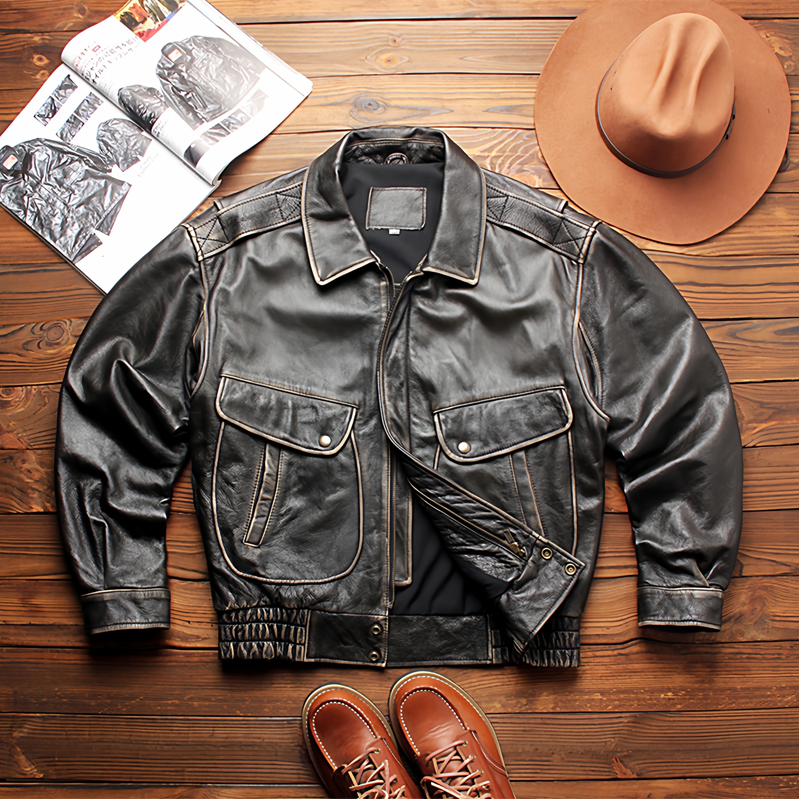 港风复古A2飞行服头层牛皮皮衣