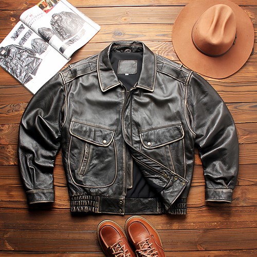 港风复古A2飞行服头层牛皮皮衣