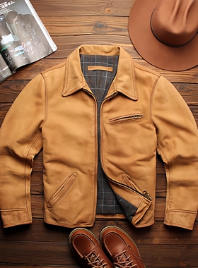 重水洗复古做旧擦脏1930S进口无涂牛皮休闲翻领机车皮衣夹克外套