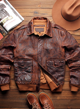 春秋新品复古真皮皮衣男士意大利植鞣蜡染牛皮A2飞行服皮夹克外套