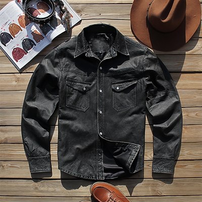 复古做旧头层牛皮翻领衬衣款皮衣