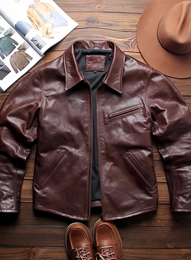 美式复古1930真皮皮衣男士蜡染山羊皮水洗翻领修身薄款机车皮夹克