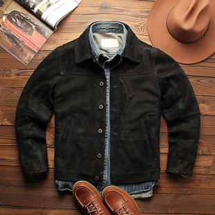 夹克外套 工装 美式 复古做旧真皮皮衣男无涂磨砂油绒山羊皮翻领修身