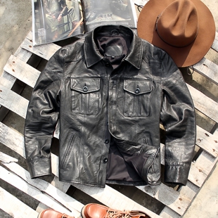 日系复古真皮皮衣男水洗做旧头层植鞣绵羊皮修身 领皮夹克外套 衬衫