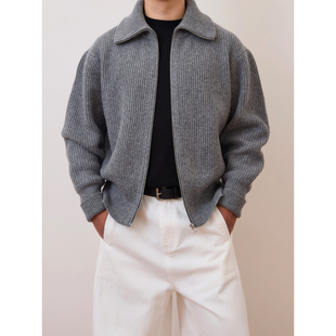 COLOUR U SOUL 重磅100%羊毛翻领拉链针织开衫男加厚通勤毛衣外套