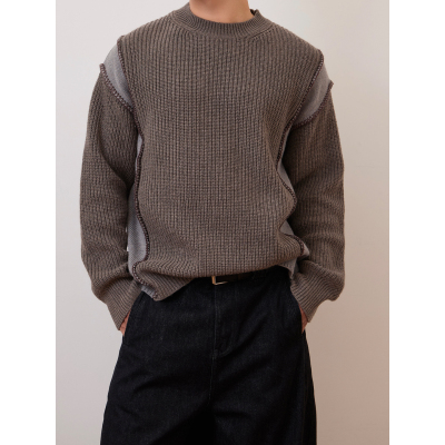 不规则拼接撞色男宽松圆领毛衣