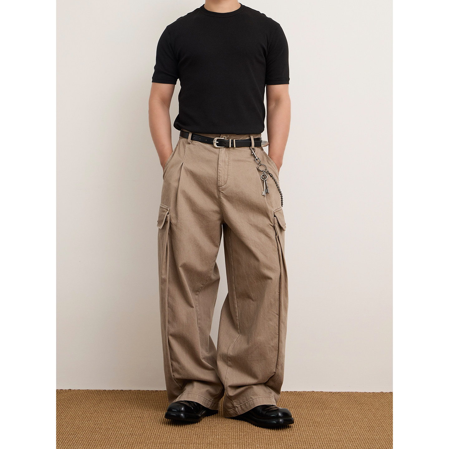 COLOUR U SOUL 100%竹节棉洗褪做旧大口袋工装裤男宽松休闲长裤